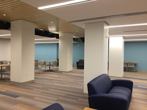 A room with a blue carpet and a wooden ceiling.
