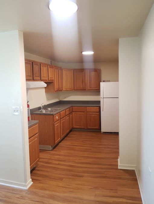 A kitchen with wooden cabinets and a white refrigerator.