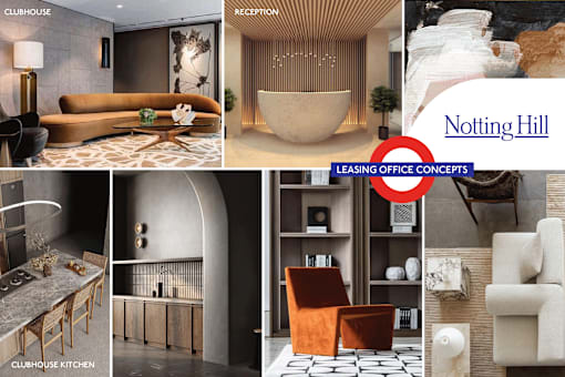 A collage of images showcasing various interior design concepts for a clubhouse, reception, and kitchen.