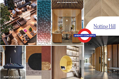 A series of images showcasing various interior designs and a sports pub.