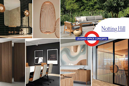 A series of images showcasing various office spaces and furniture designs.