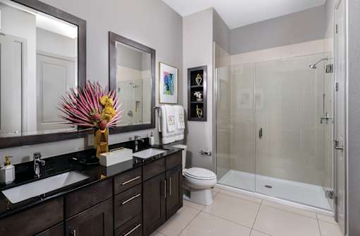 Luxury bathroom with granite countertops, double sink vanity, glass shower and built-in shelves at Xenia Apartments in Golden Valley, Minnesota