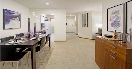 Spacious dining room, spacious kitchen with lots of cabinet space, lots of counter space at LionsGate Apartments on Vine Street in Lincoln, Nebraska