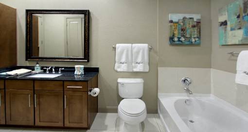 Luxury bathroom with oval soaking tub, glass shower, granite countertops and linen closet at Bellemeade Apartments in west Des Moines