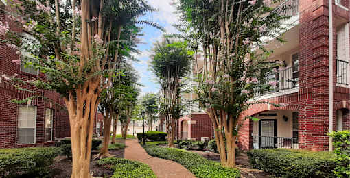Luxury apartments with brick exteriors and lush landscaping including beautiful chaste trees at Tuscany Apartments in Houston.