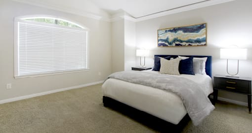Huge bedroom, spacious bedroom with vaulted ceiling, ceiling fan, walk-in closet, and attached bathroom at Tuscany Row Townhomes in Houston.