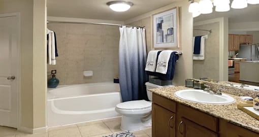 Spacious luxury bathrooms with granite slab vanity tops at The Voss Apartments in Houston.