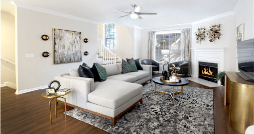Spacious living room with wood-burning fireplace, huge living room at Tuscany Row Townhomes in Houston.
