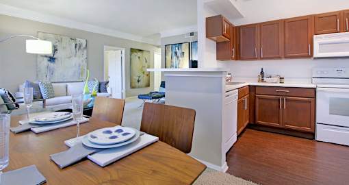 Spacious floor plans with 9-foot ceilings, designer white appliances, plank wood floors at Village on the Parkway Apartments