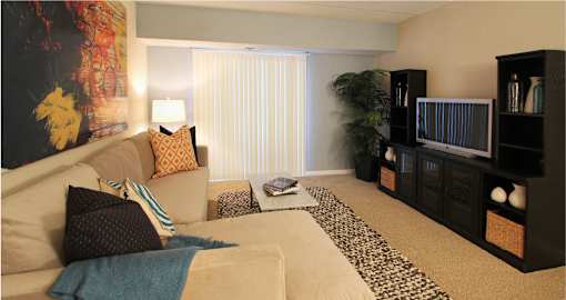 Spacious living room with colored feature wall at Embassy Park Apartments in Omaha, Nebraska