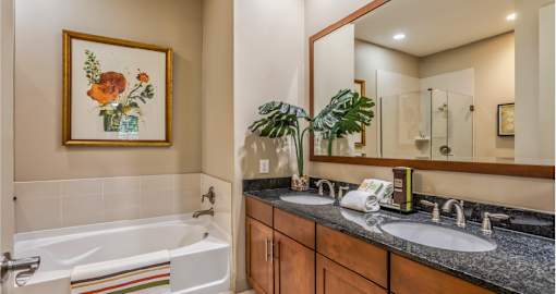 Luxury bathroom with granite countertops, glass shower and separate soaking tub at Villa Piana Apartments in Dallas