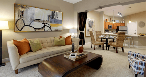 Luxury apartments with granite countertops, stainless appliances, large kitchen island at Delante apartments in Irving Texas