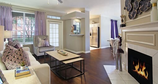 Luxury apartments with wood-burning fireplace, wood plank floors, built-in bookshelves, spacious dining room, and 9-foot ceilings at The Saxony Apartments