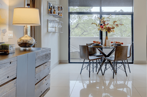 Luxury apartments with spacious open floor plan, oversized windows, and downtown views at Le Palais Apartments in Houston.