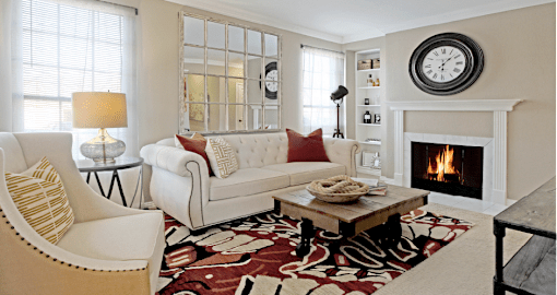 Spacious luxury apartments with woodburning fireplace, built-in shelves, and oversized windows at The Biltmore Apartments in Omaha, Nebraska