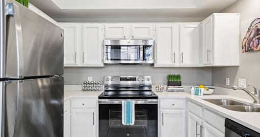 Luxury apartments with kitchens with white cabinets and stainless-steel appliances at The Saxony Apartments in Dallas