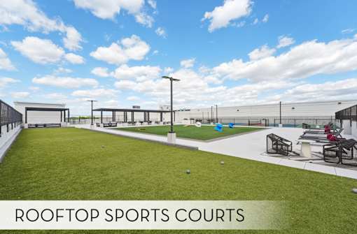 Huge rooftop green space, rooftop bocce ball court, modern luxury rooftop lounge at Xenia Apartments in Golden Valley Minnesota