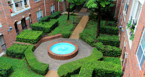 Gated apartment community near the Galleria with landscaped courtyards, beautiful landscaping, and beautiful courtyards with fountains.