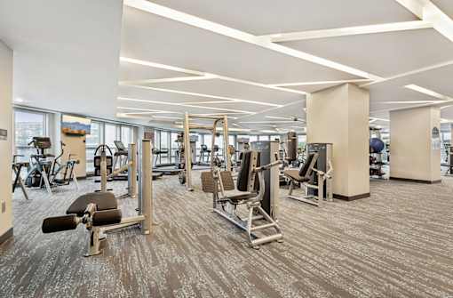 Huge fitness center, spacious fitness center with cardio machines, workout equipment and weights at Xenia Apartments in Golden Valley Minnesota