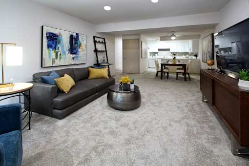 A living room with a grey couch and a coffee table.