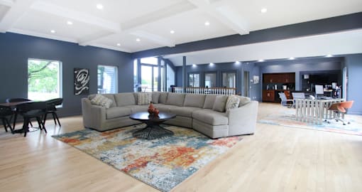 Recently remodeled large clubhouse with free wi-fi, resident lounge, and resident kitchen area at Kensington Woods Apartments in Omaha, Nebraska