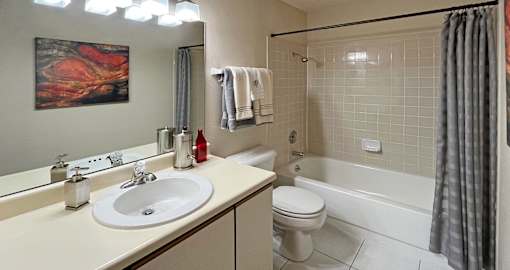 Spacious bathroom with tiled shower, tiled floors, lots of cabinet space, and extra storage space at LionsHead Apartments in Omaha Nebraska
