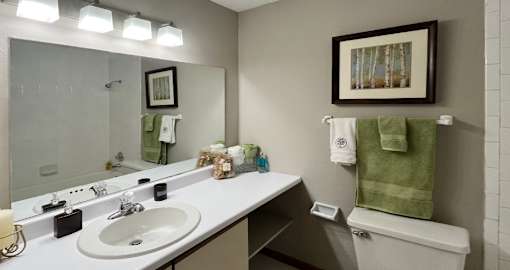 Bathroom with tiled shower, tiled floors, lots of cabinet space, and extra storage space at LionsHead Apartments in Omaha Nebraska