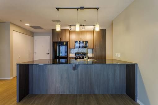 A modern kitchen with a dark wood countertop and a built-in fridge.