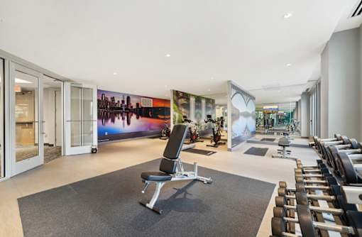 Spacious fitness center with peloton bikes, wall murals, and dumbbells at Xenia Apartments in Golden Valley Minnesota