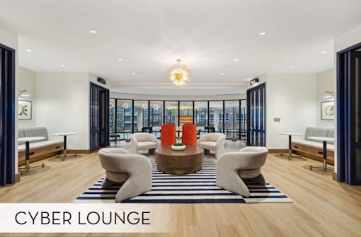 Modern lounge area with wi-fi and comfortable seating, luxury resident lounge at Xenia Apartments in Golden Valley Minnesota