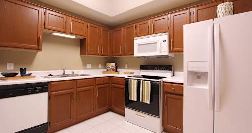 Luxury apartments with spacious kitchens, custom home cabinets, and side-by-side refrigerators at Tuscany Gate Apartments in Houston.