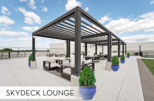 Luxury Skydeck lounge with comfortable seating and pergola, modern rooftop lounge space at Xenia Apartments in Golden Valley Minnesota