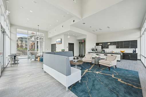 A spacious club room with a grey sofa and stylish modern blue rug, kitchen and Keurig coffee machine.