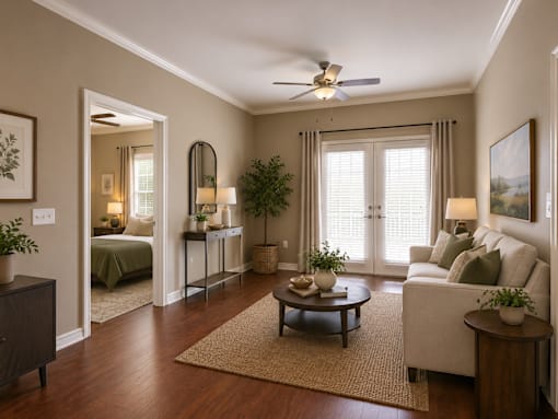 A well-lit, spacious living room with a sofa, coffee table, and a bed in the background.