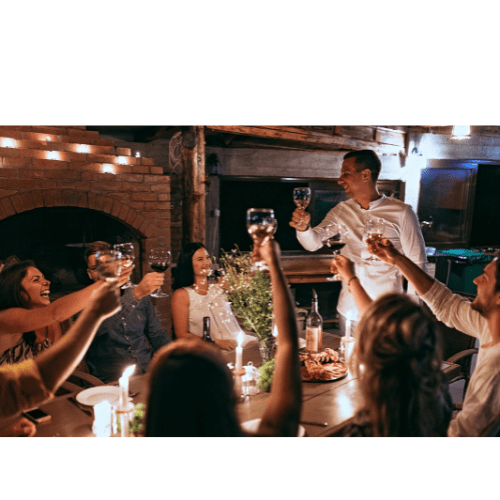 A group of people toasting with wine glasses at a dinner party.