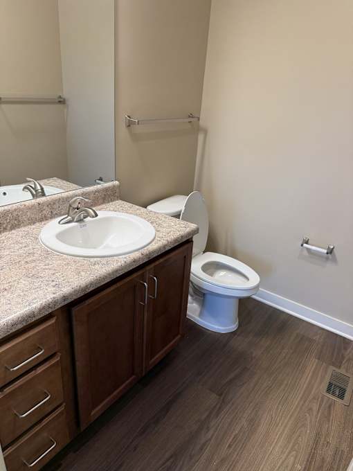 A bathroom with a toilet, sink, and wooden cabinets.