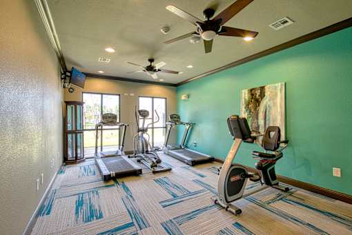 A room with a green wall and a treadmill.