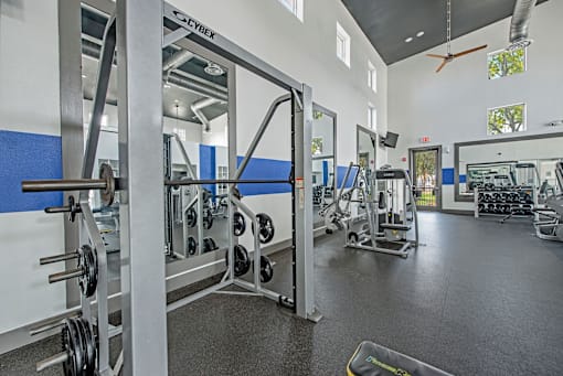 A gym with a weightlifting area.