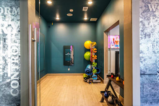 A gym with a variety of equipment including a treadmill, exercise balls, and a bench.