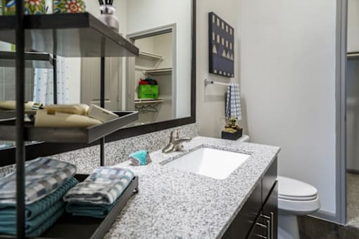 A bathroom with a white sink and a mirror above it.