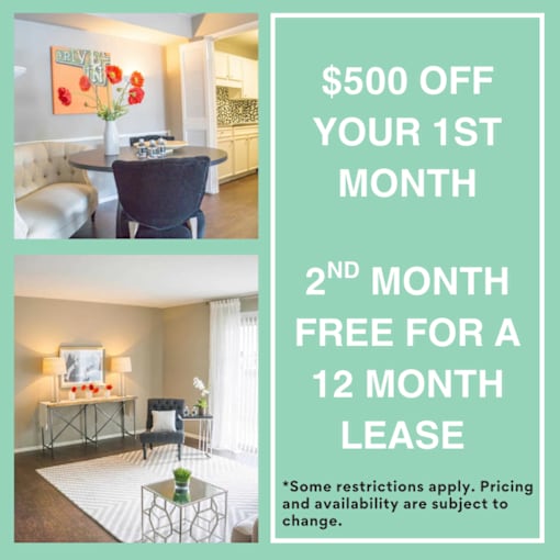 A promotional image for a lease offer with a modern living room and dining area.