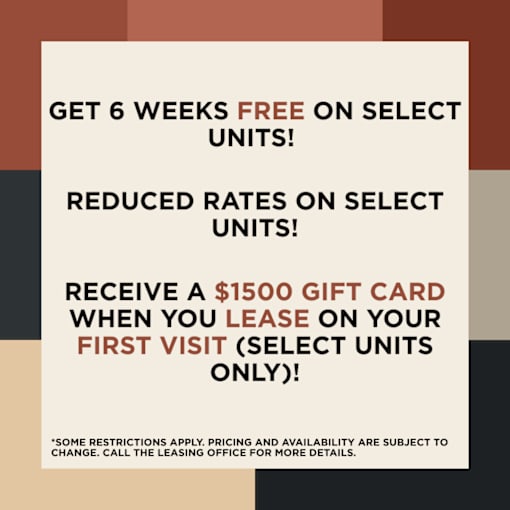 An advertisement offering 6 weeks free on select units, reduced rates, and a $1500 gift card for the first visit.