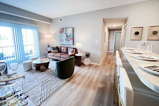 Living Room with Dining Area at Hebron Station Apartments, Hebron, KY, 41048
