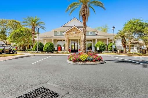 A palm tree stands in front of a house with a red door.
