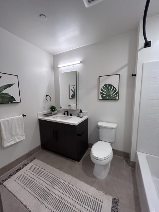 a bathroom with a black cabinet and a toilet and a sink