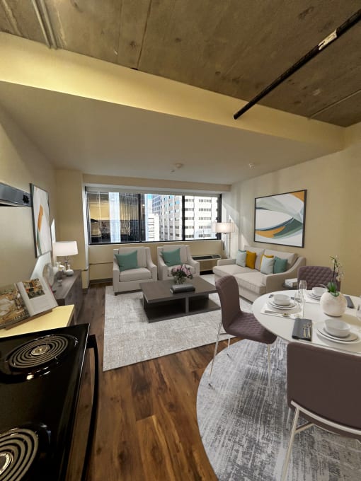 a rendering of a living room and dining room in an apartment