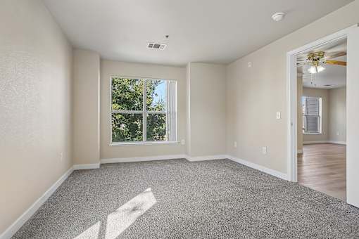 Pines at Castle Rock 2728 bedroom with a large window and a carpeted floor.