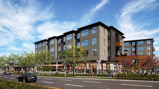 a rendering of an apartment building on a city street