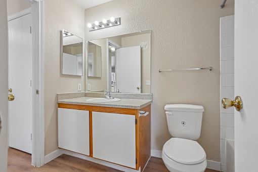 A white toilet sits next to a sink in a bathroom.