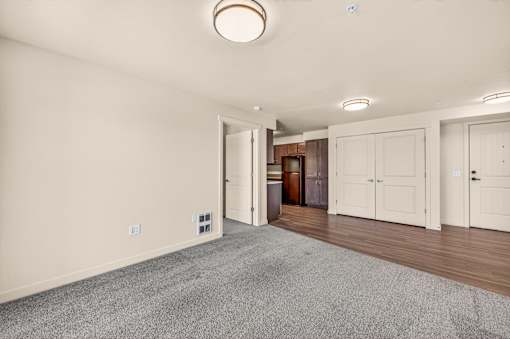 A room with a grey carpet and wooden floors.